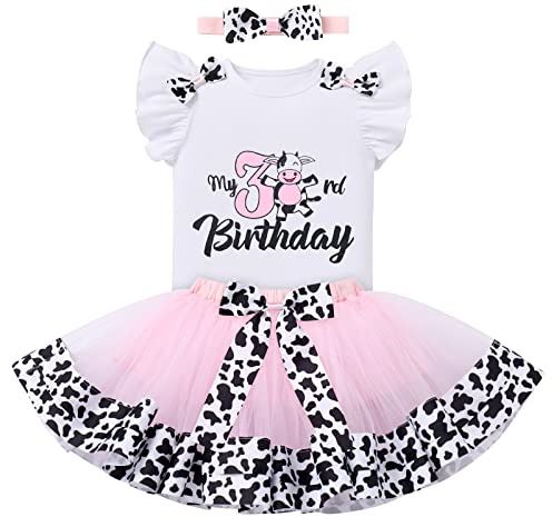 FYMNSI Mädchen Kuh 3. Geburtstag Outfit Drei Jahre Alt Bauernhof Tier Themen Party Fotoshooting Milchkuh Baumwolle Kurzarm T-shirt Top Prinzessin Tutu Rock Stirnband 3er Bekleidungsset Rosa
