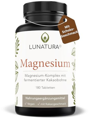 Lunatura® Magnesium Komplex mit Schoko-Geschmack - Mit fermentierter Kakaobohne - 375 mg Magnesium pro Tagesdosis - 180 vegane Tabletten