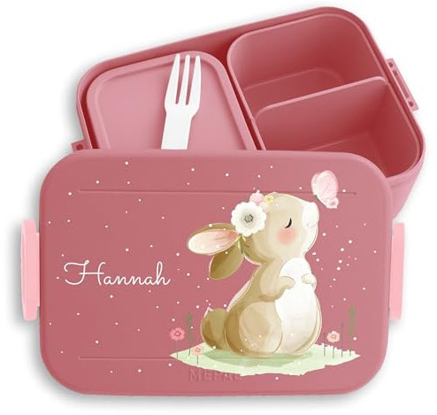 Kinder Bento Box Midi Lunchbox für Mepal Bentobox - Hasen - Brotdose Süßer Hase personalisiert I Langohr I Kaninchen I Rabbit I Süße Tiere - 900 ml - Rosa - butterbrotdose mädchen