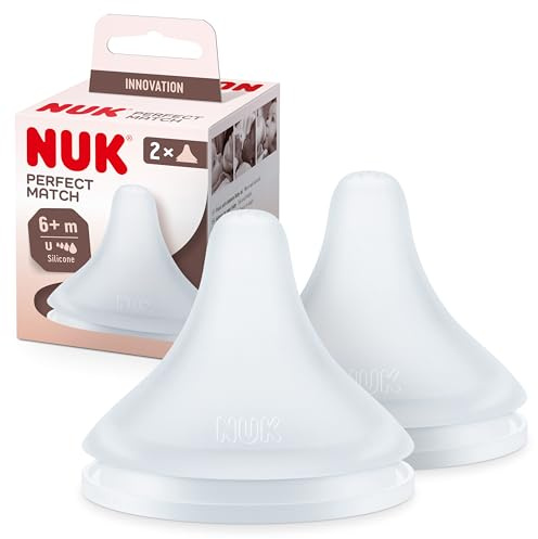 NUK Perfect Match nappflaskor, 6+ månader, passar i babypalats, anti-kolik ventil, BPA-fri, universell silikonnapp för flaskor, 2 st