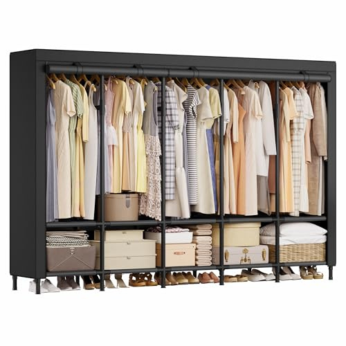 SONGMICS Wardrobe Closet, 83.5 Inch Large Capacity Portable Closet, Clothing Rack, 25 mm Dia,Thick Steel Tubes, Clothes Organizer with Fabric Cover, 5 Hanging Rails, 10 Shelves, Ink Black URDR095B01