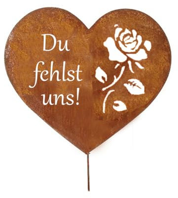 LB H&F Grabherz Rostherz Herz Trauerdekoration Grabschmuck Rost Grabrose Rose - Du fehlst Uns - Metall für Gestecke - Grab zum stecken - witterungs frostbeständig (Herz Flügel)