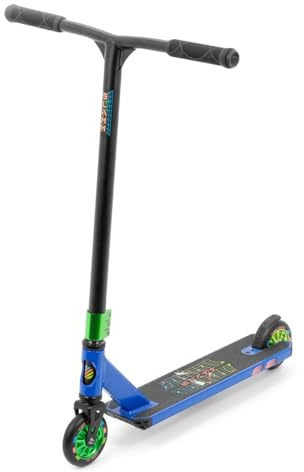 Slamm Monopattino acrobatico classico blu e verde, ruote in alluminio 110, ponte in lega da 11,4 cm con connettore estruso per collo e ritaglio, per principianti, intermedio, design unico futuristico