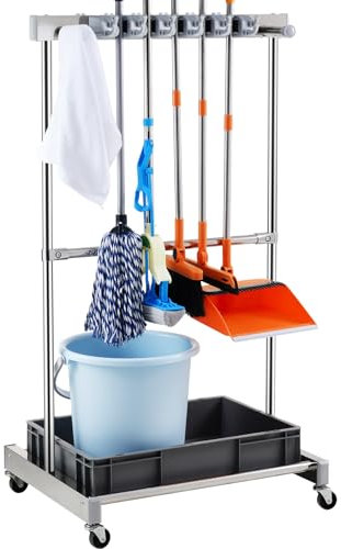 VEVOR Support Range Outils de Jardin 10 Emplacements avec Crochets Porte-outils de Garage Métal PP sur Roulettes pour Organisation et Stockage Abri Extérieur des Outils, Râteaux, Balais à Long Manche