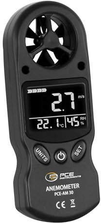 Anemómetro con rueda alada PCE-AM 30 / Rango hasta 30 m/s/Medición de temperatura y humedad del aire/Unidades: m/s, km/h, kn, mph, ft/min/Indicación de los valores MIN, MAX, HOLD, AVG