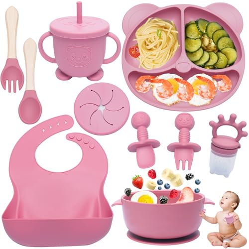 Dazhtu Silikon Baby Geschirrset, 10 Stück, rutschfest mit Saugnapf, Teller, Schüssel, Lätzchen, Löffel, Gabel, Trinkbecher, Fruchtsauger, Rosa