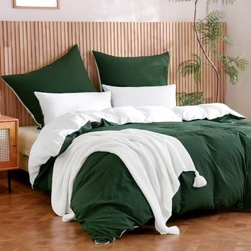ATsense Bettwäsche 135x200 Baumwolle 4teilig, Dunkelgrün Bettwäsche-Sets 100% Gewaschene Baumwolle Leinen Textur, Oeko-TEX für Allergiker 2 Bettbezug mit 2 Kissenbezüge 80x80 cm