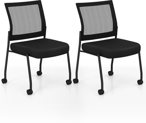 GIANTEX Lot de 2 Chaises de Conférence Empliable, Chaises de Salle de Réunion avec Roues, Dossier en Maille, Assise Rembourrée, Sièges de Visiteur Rembourrée pour Bureau, Salle d'Attente, Noir