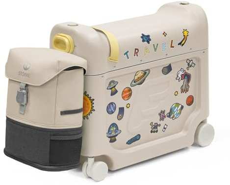Stokke JetKids Travel Bundle, Moonglow White - Include la valigia BedBox Ride-On e lo zaino - Ideale per bambini dai 2 ai 7 anni (fino a 35 kg)