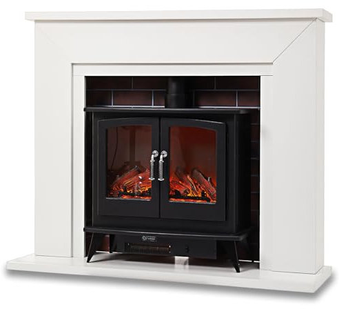 INMOZATA Electric Fire and Surround & Chimney, Freestanding Electric Fireplace with 7 Day Programmable Remote Control 1&2kW, 7 Flame Colours, Adjustable Temperature, Timer, Log Set