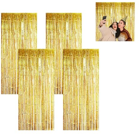 Hsyadazi 4 Pezzi di Tenda Lamé Oro (1x2M) - Tende Con Frange Dorate per Decorazioni Di Feste - Ideali per Matrimoni, Compleanni E Natale - Decorazioni Riutilizzabili per Palcoscenici