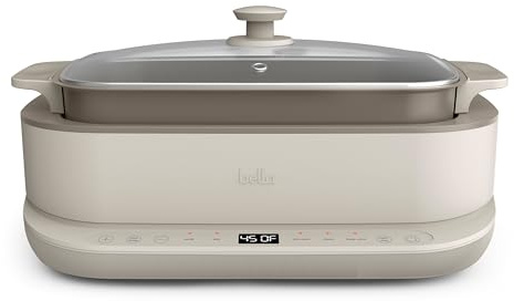 bella 6.0 QT Multi-Cooker, Ceramic Nonstick Coating, 4-in-1 Versatility, 4 cooking functions, Slow Cook, Sear, Saute, Steam, Serves 7 people, Dishwasher Safe Pot & Tempered Glass Lid, Tangle Free Cord Wrap, Oatmilk