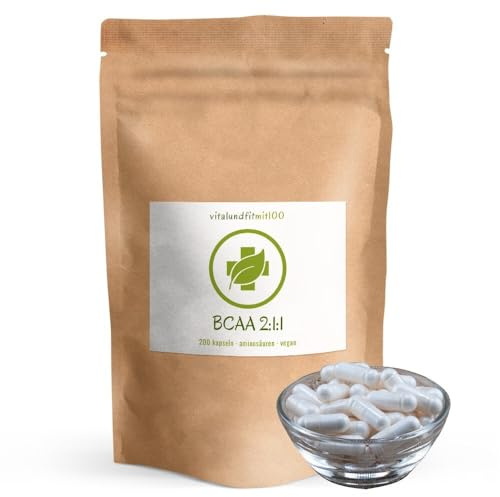 BCAA Aminosäuren Kapseln (200 Stk) - Premium BCAAs im bewährten 2:1:1 Verhältnis - vegan, hochdosiert, ohne unnötige Zusätze - Deutsche Herstellung