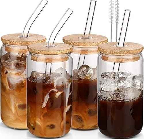 MHDCLY Iced Coffee Cup,Glass Cups with Lids and Straws,Drinking Glasses with Bamboo Lids and Glass Straw 4Pcs Set - 16Oz,Smoothie Cup,Beer Glasses,Clear Cute Tumbler Cup,Smoothie Cup