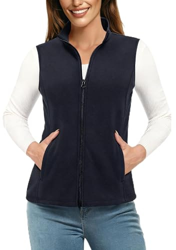TACVASEN Gilet Polaire pour Femmes Veste Sans Manches d'Extérieur Gilet Polaire Chaud Col Montant avec Poches Zippées Vest de Sport Noir, L