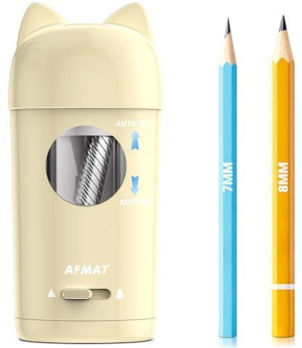 AFMAT Sacapuntas eléctrico con orejas de gato, batería recargable y sacapuntas USB para lápices gruesos y delgados de 7 – 8 mm, autostop y recipiente sacapuntas para niños, escuela y artistas, color