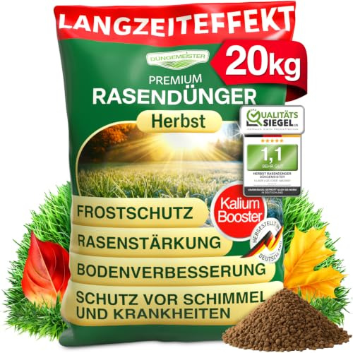 DÜNGEMEISTER Herbst Rasendünger – mit Langzeitwirkung und KaliumschutzPlus Formel für extrem winterfesten, sattgrünen Rasen! Perfekte Widerstandsfähigkeit gegen Frost & Krankheiten (20kg)