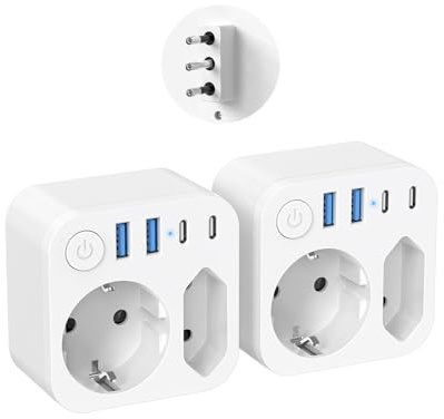2 Stück Reiseadapter Italien Deutschland Steckdose, Reisestecker Typ L Stecke mit 4 USB (2 Typ-C), Travel Adapter mit Schalter für Uruguay, Chile, Malediven (EU to IT)