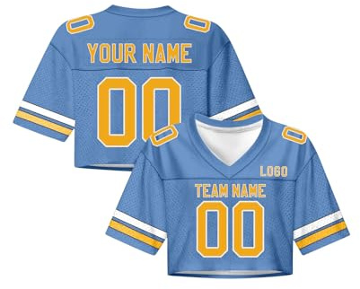 Maillot de Football Américain Personnalisé Nom/Numéro Femmes, Tenue de Pom-Pom Girl, Crop Top Y2K Streetwear Filles, Haut Court Manches Courtes Encolure V – Trendy pour Pom-Pom/Fans