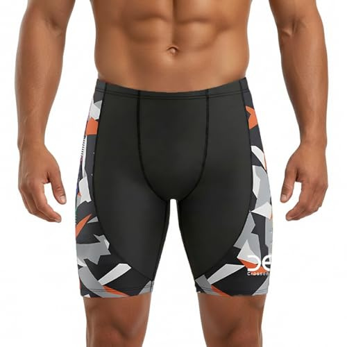 Crossedge Men’s Jammer Swimming Trunks with Silicone Leg Gripper, Front & Back Liner – Comfort Fit & Quick Dry Shorts for Swim Training, Fitness (UK, Alpha, L, Regular, Regular, Black/Grey)