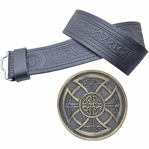 Ensemble ceinture de kilt et boucle – Ceinture en cuir noir gaufré Trinity avec boucle nœud celtique, finition laiton antique – Accessoire de robe traditionnelle Highland