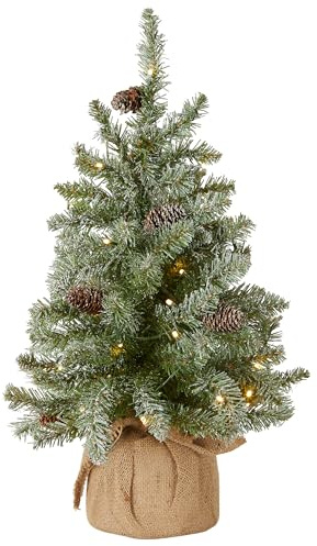 National Tree Company 2 ft Pre-Lit Flocked Mini Artificial Christmas Tree, 50 Clear LED Lights, 75 Tips, Pinecones, Burlap Base, Timer, Green