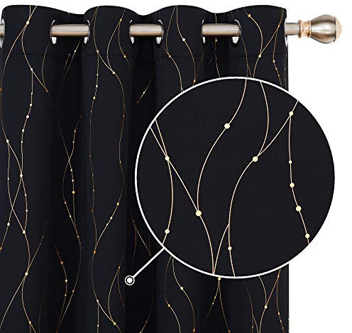 Deconovo Black Curtains, Gold Dotted Line Foil Printed Blackout Thermal Insulated Eyelet Curtains for Living Room, 46 x 72 Inch(Width x Length), Black, 2 Panels