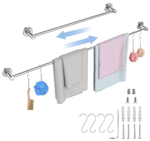 Adjustable Single Bath Towel Bar 23.6 to 42 Inch, ZUEXT Brush Nickel Finished Stainless Steel Towel Holder, Expandable Wall Mounted Towel Rail for Bathroom Kitchen Washroom,1 Tube Towel Rail Racks