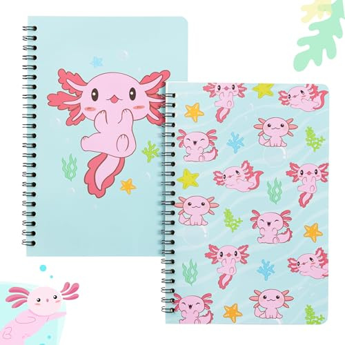 L1rabe 2 A5 Axolotl Spiral Notebooks Back to School Animal Mexican Walking Fish Lined Journal Notepads for Women Girls Cute Axolotl Pattern Exercise Book Students School Office Birthday Gifts