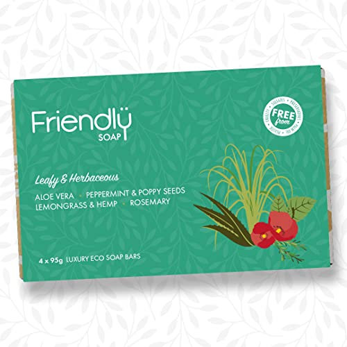Friendly Soap - Natural Soap Selection, Leafy & Herbaceous (4 x 95g), Aloe Vera, Peppermint & Poppy Seeds, Lemongrass, Rosemary, Cruelty Free, No Palm Oil, No Preservatives, No Sulphates
