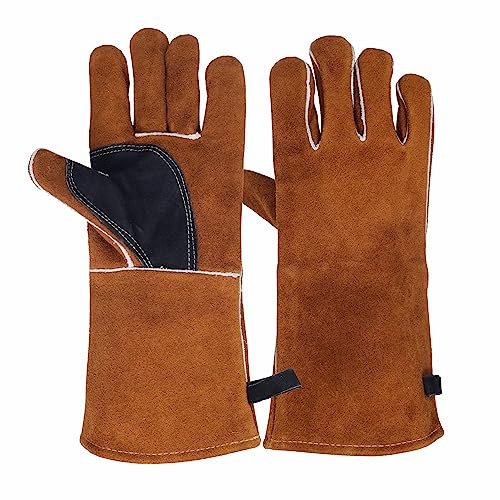 NBLEAGLO Guantes de cuero para chimenea, resistentes al calor, para soldadura Mig, Tig, palo, forja, barbacoa, parrilla, estufa de leña, costuras ignífugas