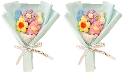 MiOYOOW 2 ramos de flores de ganchillo, hechas a mano, ramo de flores artificiales para San Valentín, cumpleaños, boda, Navidad, Acción de Gracias