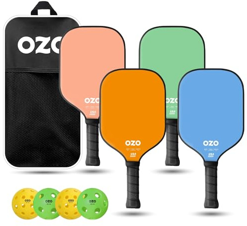 OZO Pickleball - Set de 4 Raquetas, 4 Bolas y Bolsa - Spark Fusion Essence (para Principiantes, Híbrida, Superficie de Grafito) + 4 Bolas (para Esteriores e Interiores) Aprobadas por la USAPA