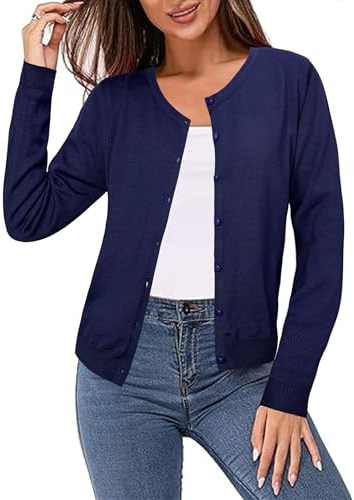 Irevial Gilet Femme Cardigan léger à Manches Longues Col Rond Décontracté Boutons et Design Uni Manteau Tricoté Élégant Bleu Marine，L