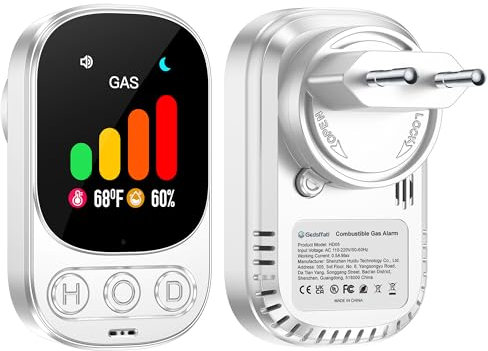 Gedsffati Gasmelder mit Stecker für Haus, Gaswarnmelder Erdgasmelder für Zuhause, Gaswarner für Erdgas Flüssiggas Stadtgas LPG Methan Propan Butan, mit großem LCD-Farbbildschirm, Weiß, HD05