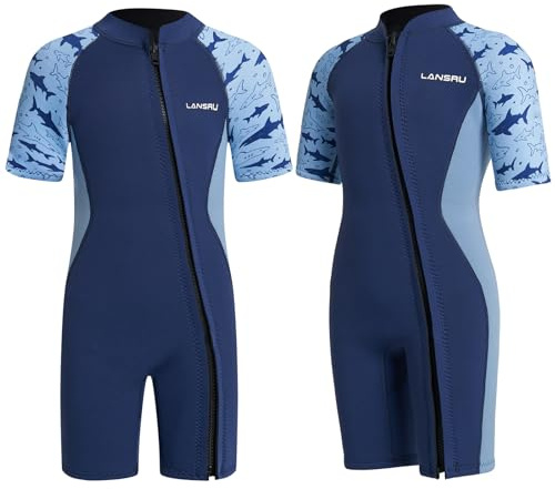 Lansru Kinder Neoprenanzug für 1-10 Jahre Jungen und Mädchen, SCR-Neopren 2mm Kurzer, sichereres Material, UV-Schutz, Frontreißverschluss für Schwimmunterricht, warmhalten in kaltem Wasser