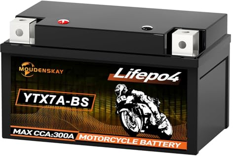 MOUDENSKAY Litium motorcykelbatteri 12 V litium Powersports batteri med BMS (YTX7A-BS 12,8 V 3 Ah 300 A) LiFePO4 motorcykelbatteri startbatterier för motorcyklar, ATV, UTV, vattenfordon etc