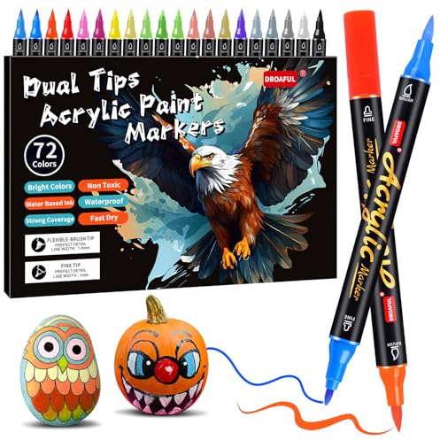 Droaful Rotuladores de pintura acrílica, 72 marcadores de pintura de color, puntas dobles finas y de pincel para pintura de roca, tela, metal, vidrio, madera, lienzo, cerámica, plástico