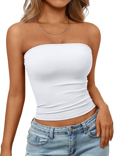 Trendy Queen Womens Strapless Tube Tops Basic Backless Sleeveless Bandeau Going Out Crop Tops Cute 2025 Summer Clothes White M