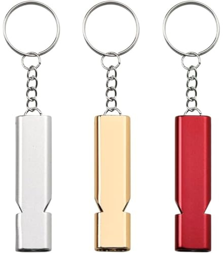 3 Pcs Sifflet, Sifflet de Survie, Double Tubes Métal Sifflet Sifflet avec Porte-clés, Sifflet D'urgence, Sifflet Arbitre, pour L'école Gym, Camping en Plein Air, Randonnée, Argent + Or + Rouge