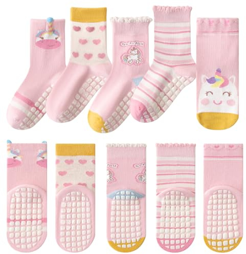 Baogaier Calcetines Antideslizantes Ninos, 5 pares Algodón, 2-12 años 18-38 | con Puntos de Sujeción, Transpirable Cómodo, Pack Calcetines, Otoño Primavera, para Colegio Gimnasia Diario, Estampado Animal