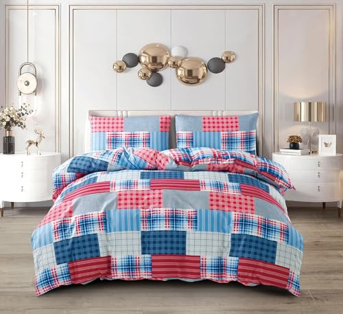 PRIME LINENS Duvet Cover Set 4 Pcs Brushed Microfibre Quilt Cover Bedding Set With Pillow Cases and Extra Fitted Sheet Included (Denim Red, Super King)