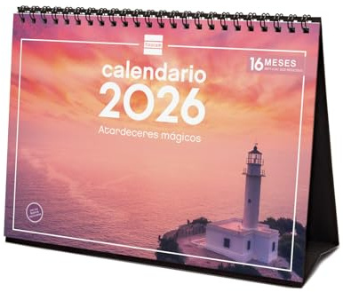 Finocam - Calendrier de bureau 2026 mois vue janvier - décembre 2026 + sept. - Déc. 2025 (4 mois) réduits | Calendrier 2026 | Images Couchers de soleil magiques - Espagnol