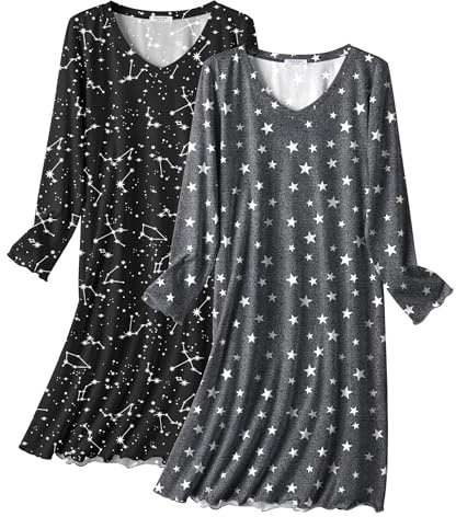 Ekouaer Cotton Nightgowns for Women 2 Pack Night Gown Long Sleeve Sleepshirts V Neck Night Shirt Soft Sleepwear