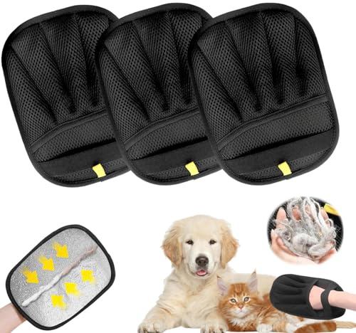 3PCS Pet Hair Remover, Pet Hair Removal Glove & Magic Brush Pets Hairs, Dual-Sided Static Grooming Gloves, Washable Reusable Deshedding Tool for Dogs Cats, for Sofa Carpet Clothing Bed Furniture