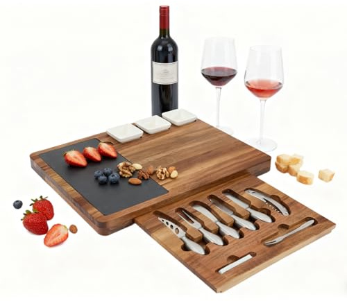 Louis Donné Premium Bamboo Cheese Board Knife Set - 5 Stainless Steel Knives 100% Natural Organic Bamboo Charcuterie Platter Multi Serving Tray for Cheese Meat for Christmas Weddings