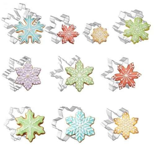 Set di 10 stampi per biscotti a forma di fiocco di neve, in acciaio inox, per decorazioni natalizie, per biscotti e biscotti