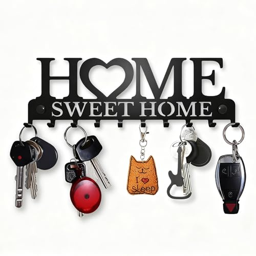 InteDesign Key Holder Hooks for Wall Black Metal Mount Hanger Home Decor Wall Mounted Key Rack for Hallway, Entryway, Bedroom, Mudroom, Office Easy Installation (Sweet Home)
