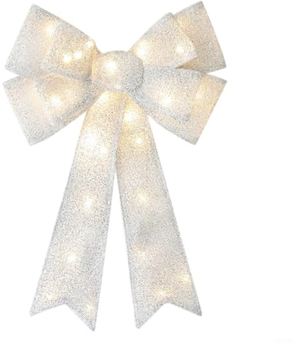 HEIBTENY Christmas Bow Decoration with Red LED Lights and 8 Lighting Modes, Weather-Resistant 54cm Festive Ornament for Outdoor Gate, Garage or Wall(Luminous silver)