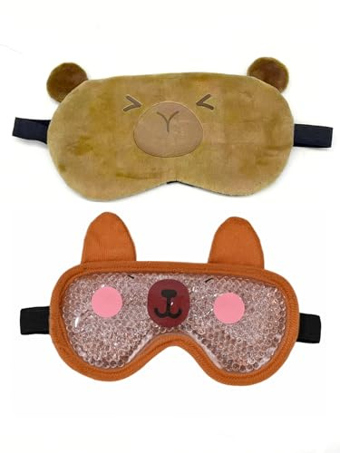 2 stycken söta brunbär ögonmask, återanvändbara gel ögonmask, tecknat ögonskydd, kylande ögonskydd, rolig sovmask för barn och vuxna, kalla och varma ögonbindel för svullna ögon